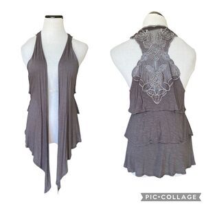 Womens Asymmetric Waterfall Lace Ruffle Vest Size L Gray Boho Romantic Fairy Hip
